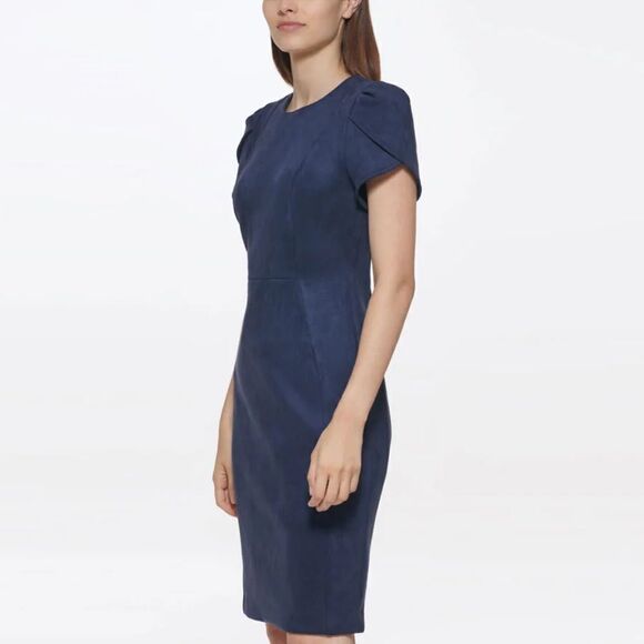 Calvin Klein Navy Short Sleeve Faux Suede Sheath Dress, Size 12, NWT - Picture 2 of 13